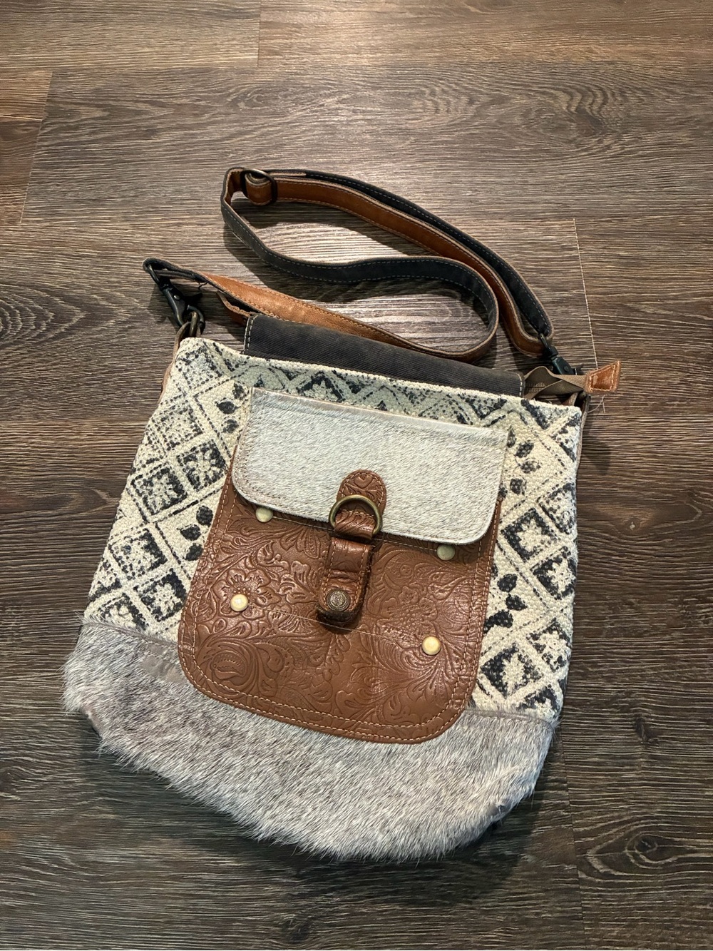 Myra Bag Cream and Brown Boho Embossed Leather Crossbody